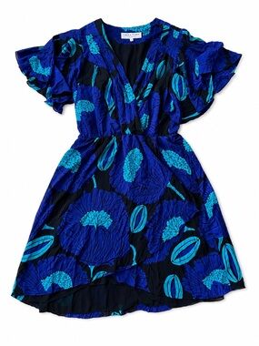 Trina Turk Silk Floral Wrap Dress Size 4 Blue Black Made in USA